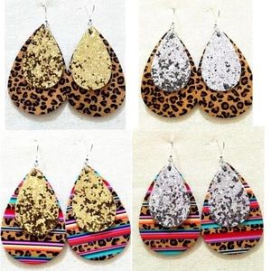 Jewelry Lot x4 Leather Handmade Sequin Cheetah Print Drop Earring